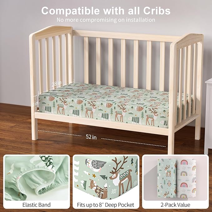 Baby Crib Sheets 2 Pack for Boys and Girls Fit for Standard Crib Toddler Mattress Breathable Soft Microfiber Baby Sheet 28x52x8in(Polar Bear & Green Rainbow)