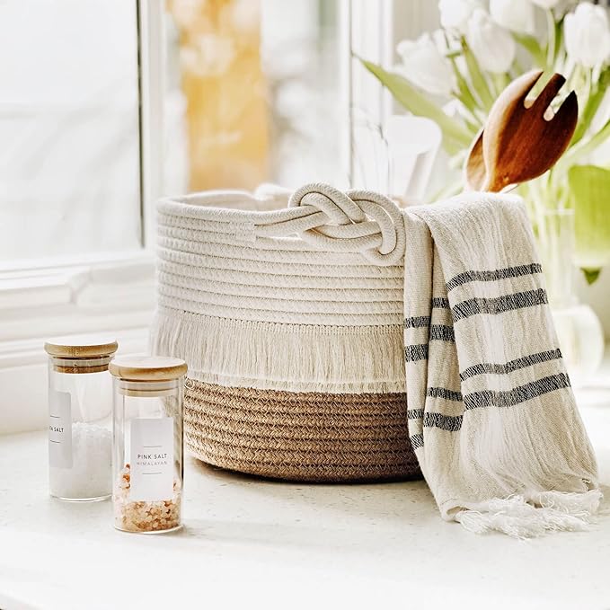 CherryNow Small Woven Storage Baskets Cotton and Jute Rope Decorative Hamper for Diaper, Blankets, Magazine and Keys, Cute Tassel Nursery Decor - Home Storage Container – 9.5'' x 7''