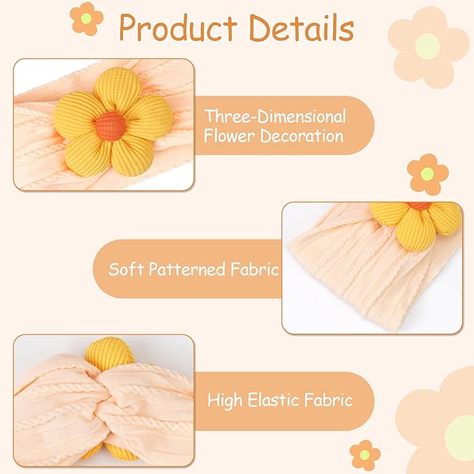 CÉLLOT Baby Flower Headbands Baby Girls Nylon Headbands Baby Essentials Stretchy Hairbands Handmade Hair Accessories for Newborn Infant Toddlers Kids (Salmon+Yellow+Green)