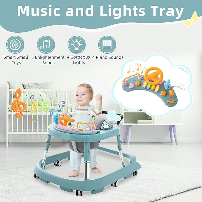 Baby Walker Foldable with Music and Lights,Portable Baby Walker with Wheels,9 Adjustable Heights,Removable Tray&Footrest, Speed Adjustable,Infant Toddler Walker for Baby Boy Girls 6-18 Months(Green)