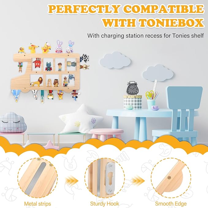 RZYLKA Car for Tonies Box Organizer Storage Shelf Wall Mounted, Pinewood Magnetic Floating Shelves for Toniebox, Tonies Characters, Display Collection 15~25 Characters