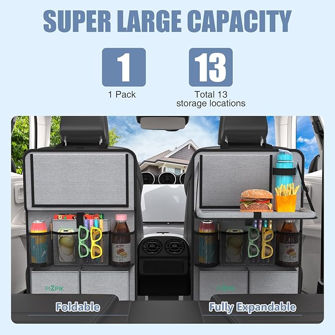 Car Backseat Organizer with Tablet Holder,11 Storage Pockets with Foldable Food Tray, Protector Kick Mats for Kids, Travel Accessories Organizer (Gray, 1Pack)