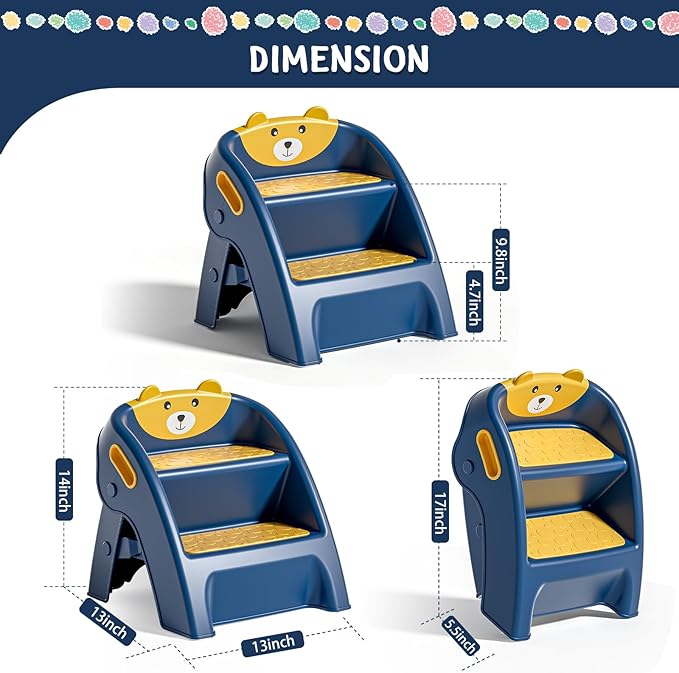 TPN Toddler Step Stool for Bathroom Sink and Potty Training Durable Anti-Slip,Anti-Tip A-Frame,10-Second Assembly, 2-Step Potty Stool with Wide Steps (Navy Blue)