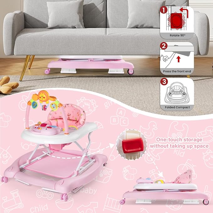 Baby Walker, 5 in 1 Baby Walkers for Boys Girls 6-12 Months, Foldable Walkers for Babies with Bouncer & Feeding Tray, Music, Adjustable Heights, Activity Walker for Infant