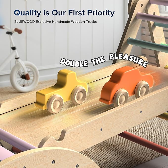 BlueWood Pikler Triangle Set 7in1 Foldable Baby Climbing Toys Wooden Montessori Climbing Set with Arch&Ramp&Ladder Baby Climber Indoor Jungle Gyms for Toddlers Montessori Toys - Mauve Pink