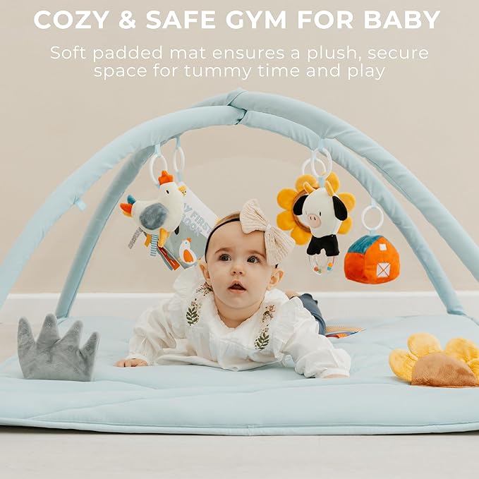 Beautiful Baby Play Gym and Tummy Time Mat - Soft Mat with 5 Farm Toys Creates The Perfect Activity Area for Your Girl/Boy - Stylish Infant Floor Playmat Fits Nicely with Any Playroom Decor