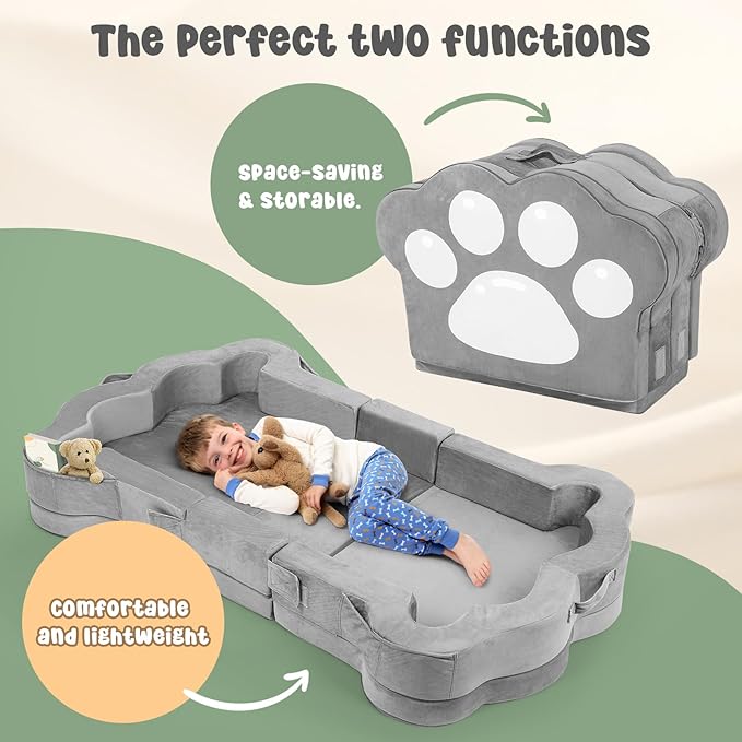 Foldable Portable Toddler Travel Bed,Toddler Floor Bed with Washable Cover for Kids,Soft and Safe (Grey)