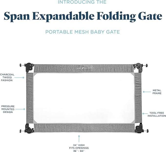 Baby Delight Go with Me Portable Mesh Baby Gate | Span 36-60" Expandable Folding Gate | Pressure Mounted | Charcoal Tweed