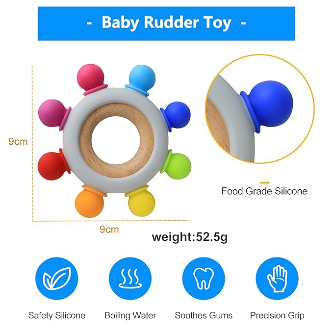 Baby Teething Toys Silicone Teethers BPA Free Silicone Rudder with Wooden Ring Soothe Babies Gums (8 Directions - Rainbow)
