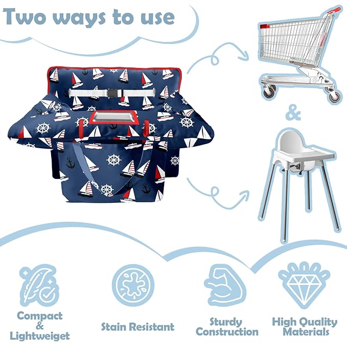 Shopping Cart Cover for Baby Girl Boy 2-in-1 High Chair Water Resistant High Chair Cover Blue Sailboat Gender Neutral Cart Cover for Babies Padded Grocery Cart Cover for Baby