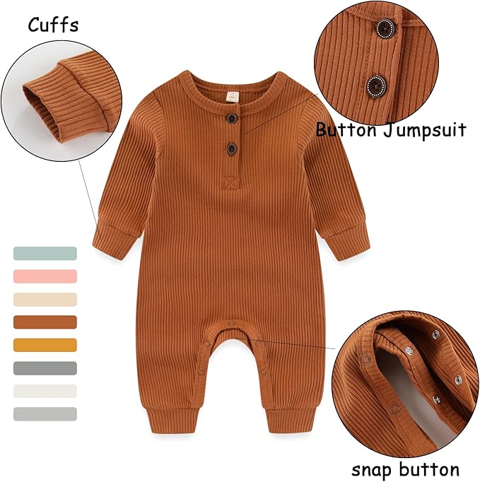 Newborn Baby Boys Girls One Piece Romper With Mitten Cuffs 3 Pack Long Sleeve Ribbed Button Jumpsuit Outfit Clothes