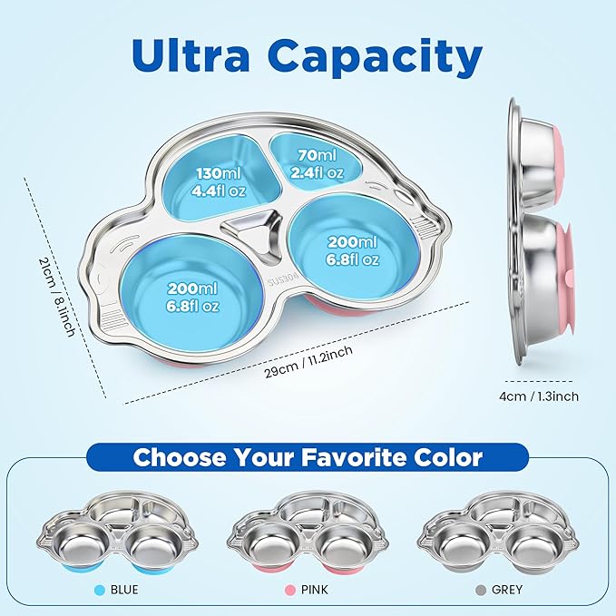 Stainless Steel Baby Suction Plates: Divided Plates Designed for Babies and Toddlers, Made of 100% Food-Grade Materials Ideal for Baby-Led Weaning BPA-Free Toddler Feeding Dishwasher Safe PINK