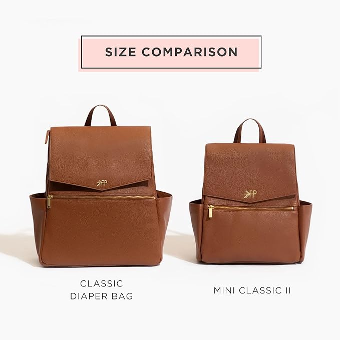 Freshly Picked Mini Classic Diaper Bag Backpack, Wipeable Vegan Leather, 8 Pockets Total (Cognac)