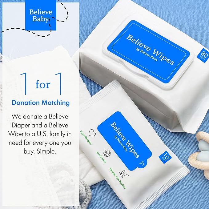 Believe Viscose Bamboo Baby Wipes 80pc x 4 Packs (320ct), Multi-Use Water Based Wipes Baby Sensitive Skin, Hypoallergenic and Fragrance Free for Babies – Gentle Plant-Based Viscose Bamboo Wet Wipe