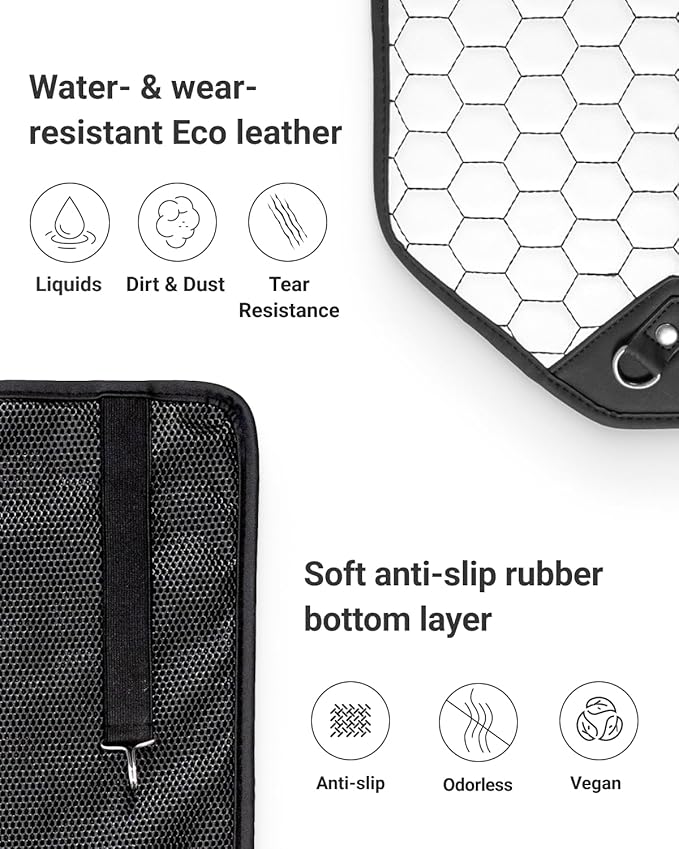 Owleys Kick Mats - Luxury Eco-Leather Back Seat Covers 27.5"x 19" - Waterproof Car Protectors for Kids Feet - Premium Gift for Family Cars SUV Sedan Truck - 2-Pack White