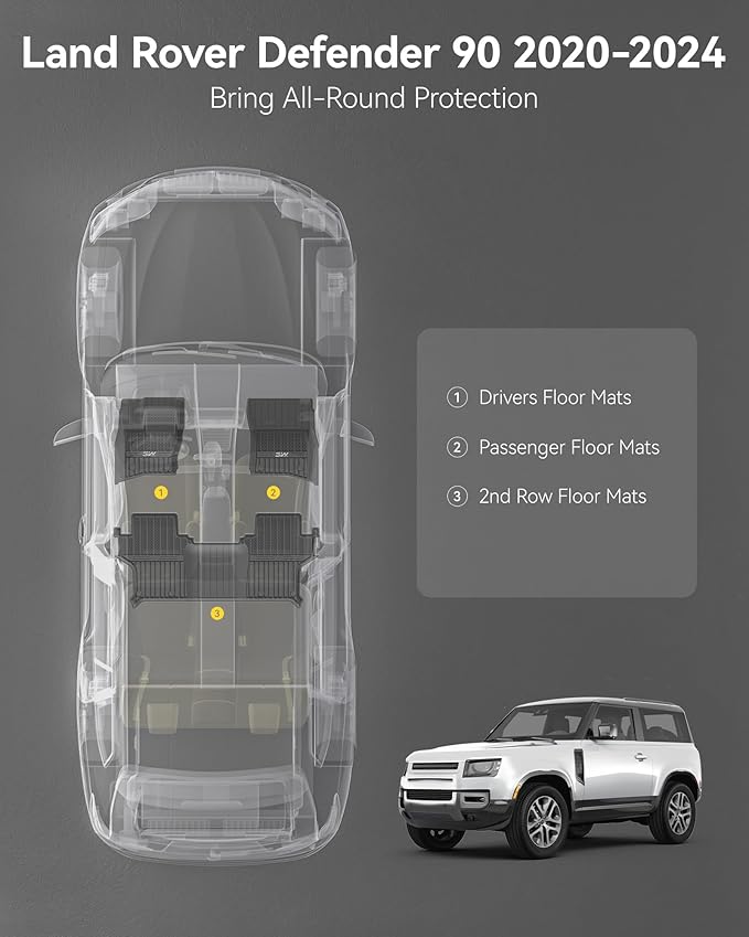 3W Floor mats for Range Rove Defender 90 2020-2024 2025 TPE All Weather Custom Fit Floor Liner for Range Rove Defender 90 1st and 2nd Row Full Set Car Mats, Black