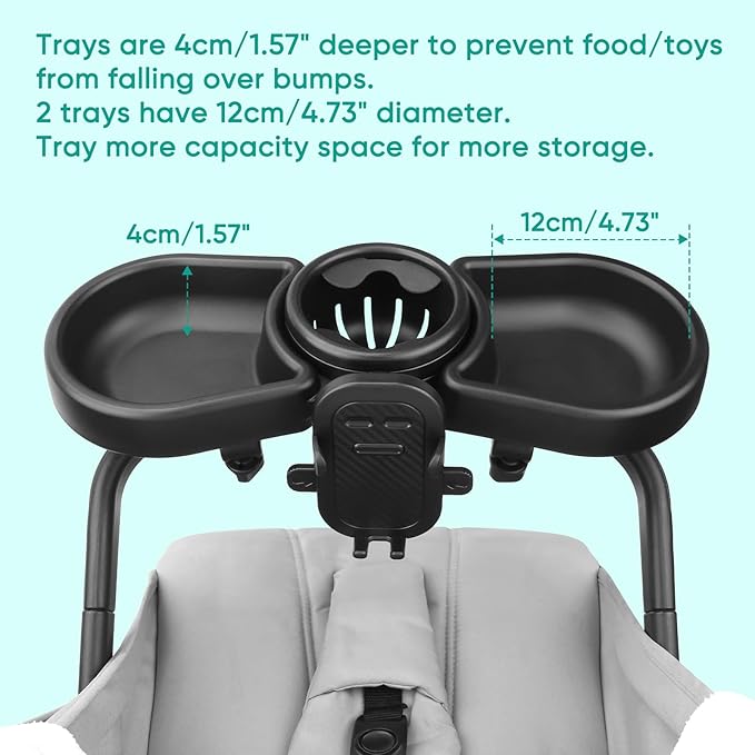 Universal Stroller Snack Tray, 4 in 1 Stroller Tray Attachment with Cups Phone Holder for Baby Toddler Stroller, 360° Rotation Universal Stroller Tray Compatible with Uppababy, Baby Jogger, etc