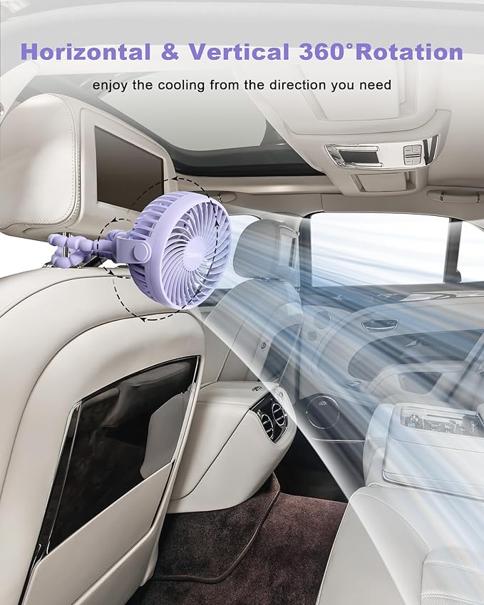 Stroller Fan Clip on for Baby, 4000mAh Rechargeable Battery Operated, Flexible Tripod, 3 Wind Speed, 360° Rotatable, Small Portable Fan for Car Seat Crib Backseat Beach Travel Camping, Purple