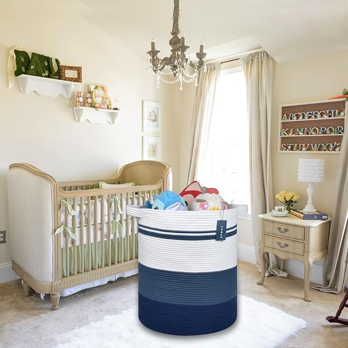 COMSE Extra Large Blanket Basket, Tall Laundry Basket, Nursery Hamper, 15.7”x 21.7”, Cotton Rope Woven Laundry Hamper for Storage Toys Clothes Towels, Gradient Blue