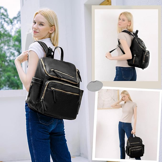 Diaper Bag Backpack Baby Diaper Bag Leather with 17 Diaper Bag Organizing Pouches,Changing Pad,Stroller Straps,4 Insulated Pockets,Black