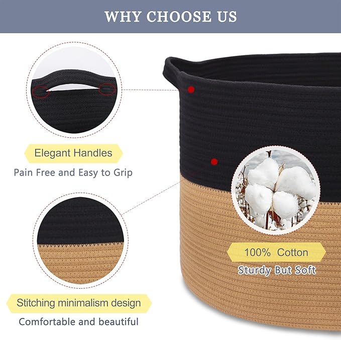 Extra Large Blanket Basket 87L, Laundry Hamper, Baby Nursery Hamper for Storage Toys Clothes Towels, Large Cotton Rope Laundry Basket for Girls Boys, 22”x 14”, Black & Jute