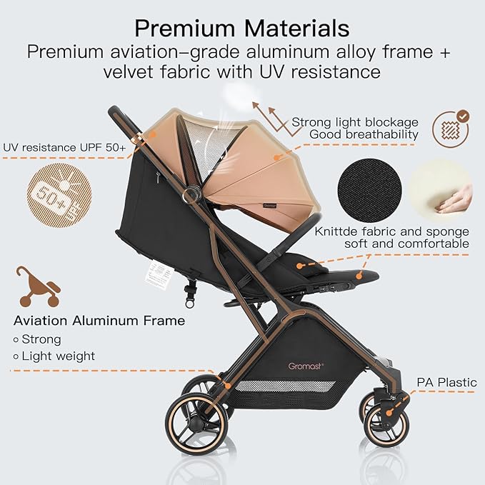 Gravity Folding Baby Stroller - Portable Travel Toddler Stroller w/Adjustable Backrest & Canopy, Lightweight and UV Protected, One-Hand Automatic Folding - Khaki