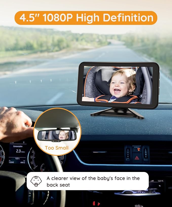 BC1 Baby Car Camera, 4.5" 1080P HD Screen & 3X Zoom, IR Night Vision Car Baby Monitor with Adjustable Brightness, Easy Install Car Seat Camera for Babies & Pets to Drive Safely