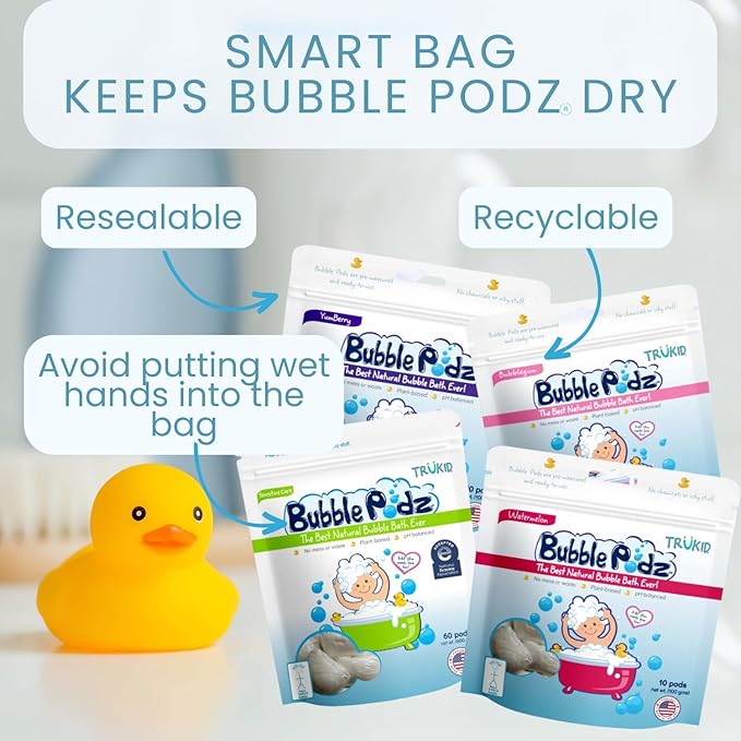 TruKid Bubble Podz Bubble Bath for Kids, Toddlers, & Babies, Tear Free Gentle & Refreshing Bath Bomb for Sensitive Skin with Natural Moisturizers, Non-Toxic, pH Balanced, Cherry Scent (24 Podz)