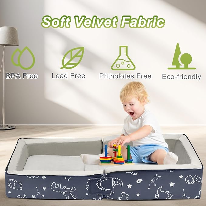 Toddler Travel Bed, Portable Kids Floor Bed for Sleeping with Foam Mattres, Washable Toddler Cot for Kids Aged 1-4, Velvet Fabric