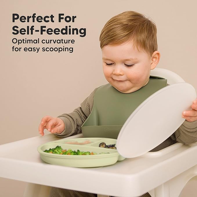 KeaBabies Suction Plates with Lids for Baby - 3-Pack 100% Silicone Toddler Plates with Suction, Divided, BPA-Free Baby Led Weaning Essentials for Kids, Dishwasher, Microwave Safe, Durable (Forest)