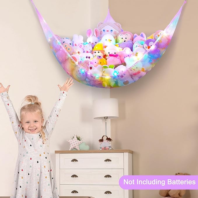 Unicorn Castle Stuffed Animals Net or Hammock Kids Toy Storage Organizer with LED Light Hanging Corner Stuffed Animals Holder Kids Girls Room Decor,Rainbow-A,XL-Large-Pack of 1