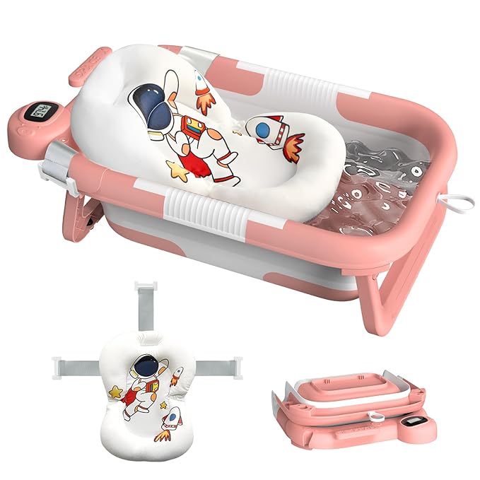 Collapsible Baby Bathtub for Newborn,Baby Tub with Soft Floating Cushion & Thermometer for Infant to Toddler,Portable Travel Bathtub with No-Slip Feet for 0-36 Months-Pink