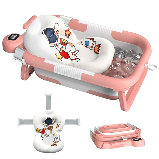 Collapsible Baby Bathtub for Newborn,Baby Tub with Soft Floating Cushion & Thermometer for Infant to Toddler,Portable Travel Bathtub with No-Slip Feet for 0-36 Months-Pink