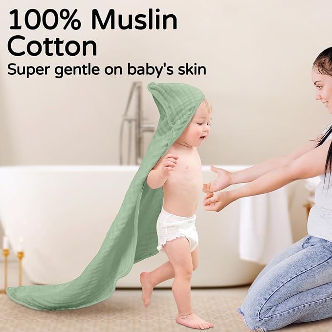 Yoofoss Hooded Baby Towels for Newborn 2 Pack 100% Muslin Organic Cotton Baby Bath Towel with Hood for Babies, Infant, Toddler and Kids, 32x32Inch, Soft and Absorbent Newborn Essential,Forest