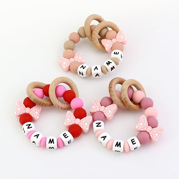 Customized Wooden Baby Rattle, Handcrafted Rattles with Wooden Teething Ring, Personalized Halloween Christmas Newborn Toy Animal Organic Rattle Baby Photography Ideas Props
