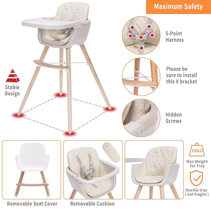 Mallify 3-in-1 Convertible Wooden High Chair, High Chairs for Babies and Toddlers, Baby High Chair with Adjustable Legs & Dishwasher Safe Tray, Made of Sleek Hardwood & Premium Leatherette, Beige