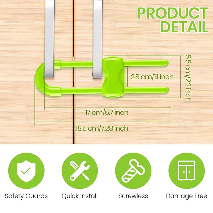 Jetec 10 Pieces Cabinet Locks for Babies, U-Shaped Proofing Drawers Safety Child Locks Adjustable, Easy to Use Childproof Latch for Knob Handle on Kitchen Door Storage Cupboard Closet (Green)