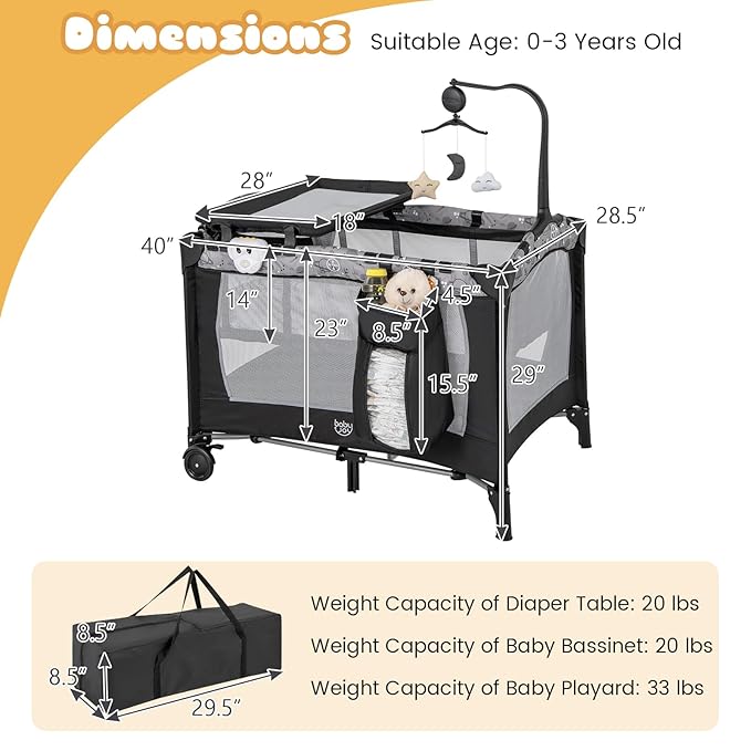 BABY JOY 3 in 1 Pack and Play, Portable Baby Playard with Bassinet, Changing Table, Lockable Wheels, Glowing Music Box, Travel Baby Crib Bassinet Bed from Newborn to Toddler