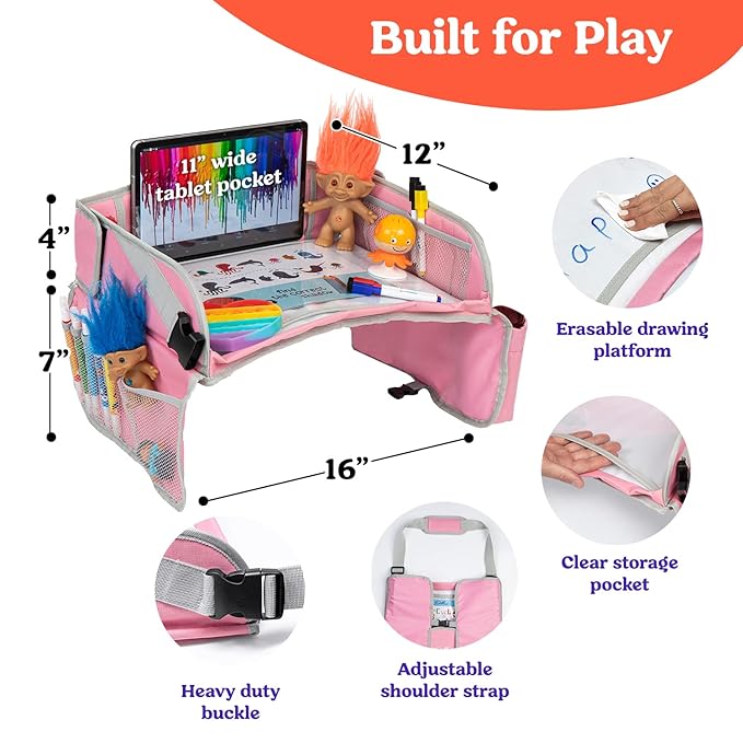 PILLANI Kids Travel Tray for Car - Car Seat Tray for Kids Travel, Road Trip Essentials, Carseat Table for Roadtrip Activities - Must Have Toddler Lap Desk Organizer for Airplane - Car Accessories