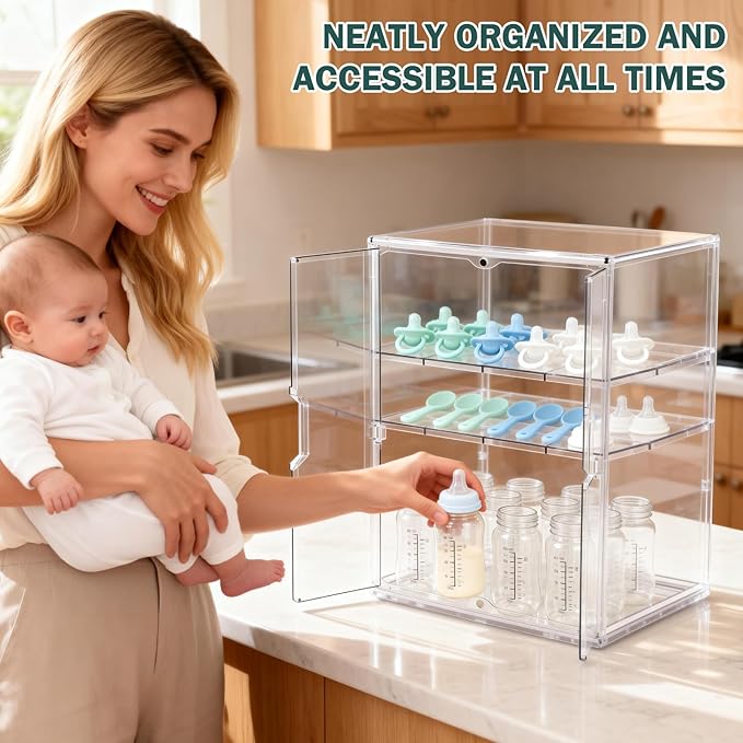 Baby Bottle Organizer, 3-Tier Bottle Storage for Countertop with Double Magnetic Doors, Clear Plastic Bottle Station Organizer with 2 Adjustable Dividers for Kitchen, Bathroom, Cabinet, Vanity