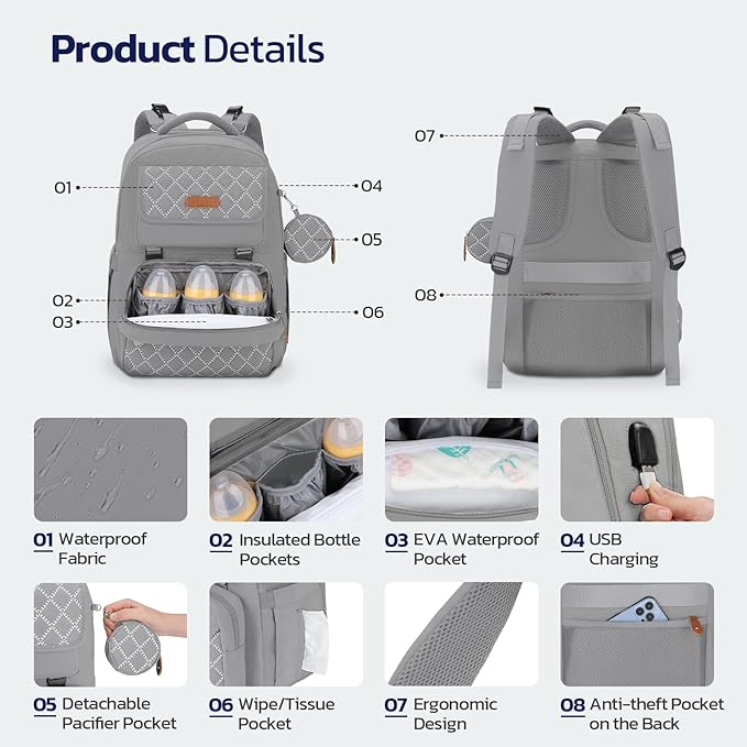 Maelstrom Large Diaper Bag,29L-45L Expandable Diaper Bag Backpack for 2 Kids/Twins, with Removable Cross Body Bottle Bag for Mom/Dad,Stylish Baby Bag Gift for Boys/Girl-Mothers Day Gifts-Grey