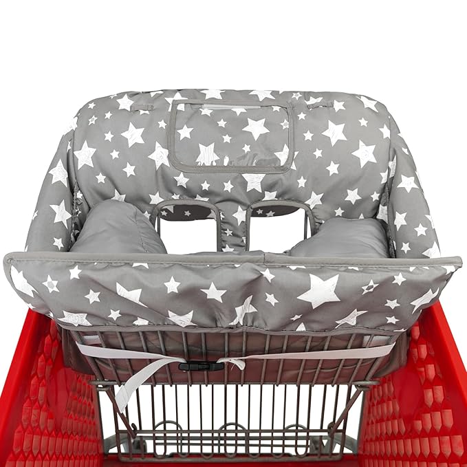 Soft Pillow Attached 2-in-1 Shopping Cart and High Chair Cover for Baby, Cotton Padded Cart Cover, Fold'n Roll Style, Portable with Carry Bag (Gray Stars)