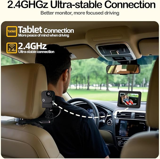 Ellie Baby Car Monitor, 2K UHD Backseat Monitor with Color Night Vision, Face Tracking, Dual Display for 2 Kids, Wide View Car Baby Camera, Smart Video Capture & App Control