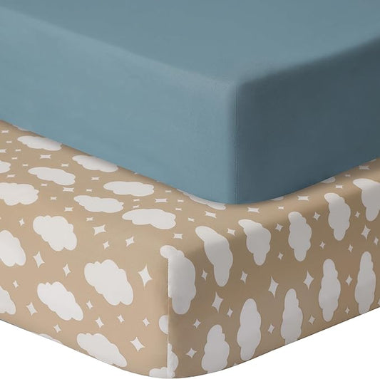 Baby Crib Sheets for Boys Girls, 2 Pack Fitted Crib Sheet for Standard Crib and Toddler Mattress, Soft Microfiber Baby Sheet 52x28x8in. (Clouds & Dark Green)