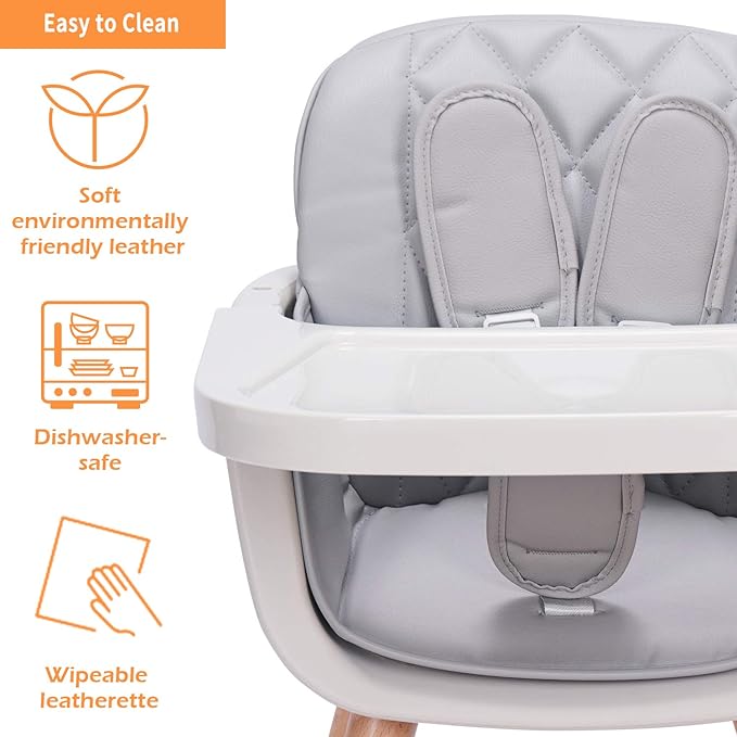 Mallify 3-in-1 Convertible Wooden High Chair, High Chairs for Babies and Toddlers, Baby High Chair with Adjustable Legs & Dishwasher Safe Tray, Made of Sleek Hardwood & Premium Leatherette, Gray
