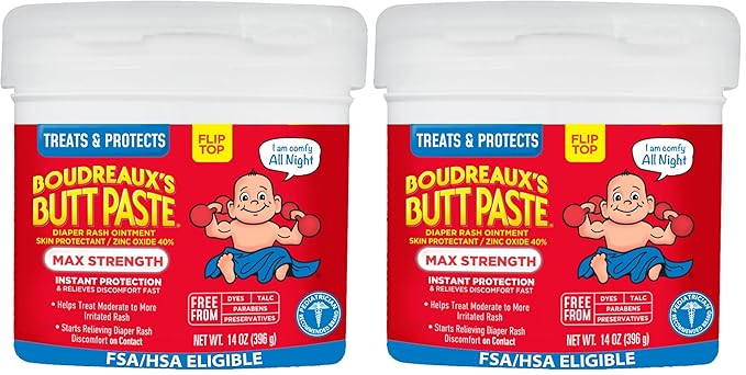 Boudreaux's Butt Paste Maximum Strength Diaper Rash Cream, Ointment for Baby, 14 oz Flip-Top Jar (Pack of 2)
