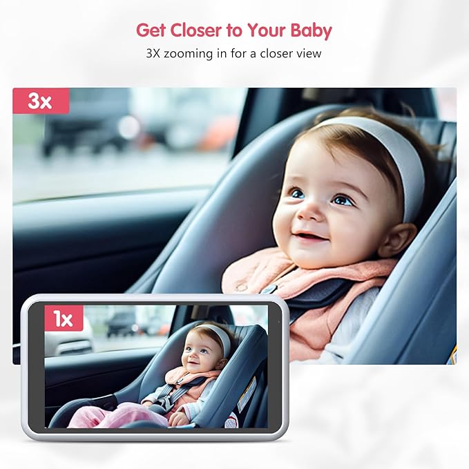 Baby Car Camera with Night Vision, HD 1080P Car Camera for Baby Video Recording with TF Card Car Baby Camera 3X Zoom 360° Rotation for Rear Facing Seat White