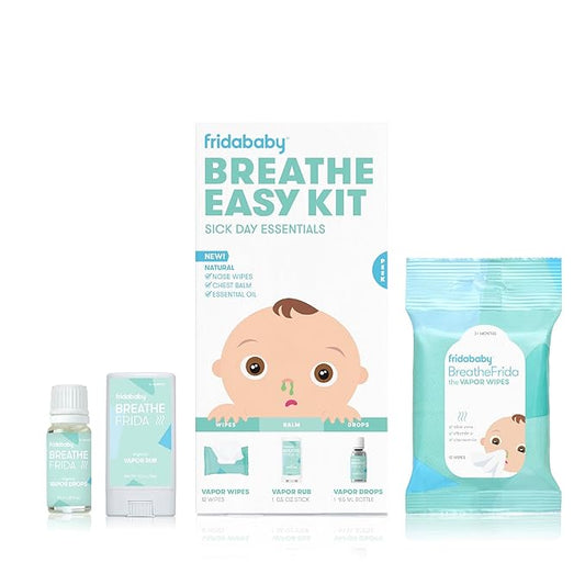 Frida Baby Breathe Easy Kit Sick Day Baby Essentials - 3pc Set Includes Vapor Wipes, Vapor Rub + Organic Vapor Drops to Help Baby Breathe Easy, Natural Baby Congestion Relief