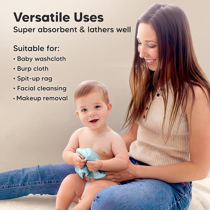 6-Pack Soft Baby Washcloths, Viscose from Bamboo - Kids, Newborn Bath Towels, Infant Shower, Toddler Reusable Face Towel, Gentle on Skin, Face Wash Cloths for Babies, 10x10 (White/Sky)