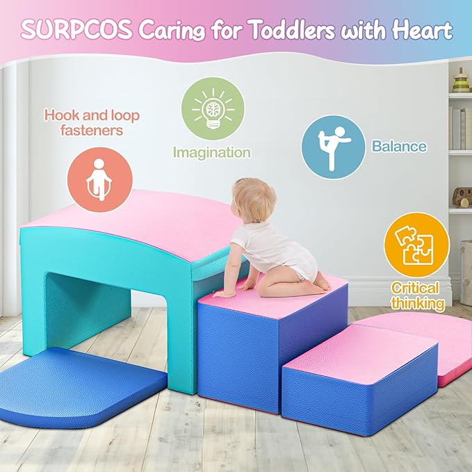 SURPCOS Crawl and Climb Foam Play Set, 6 Pcs Climbing Toys for Toddlers 1-3, Climb and Crawl Activity Playset, Soft Play Equipment Crawling and Sliding (Blue&Pink) 6 peices